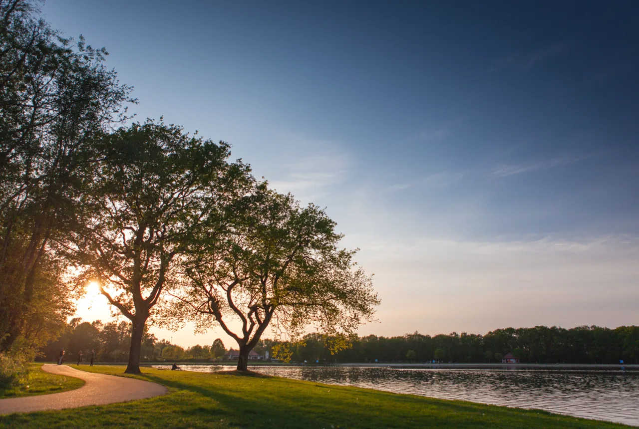 Wandelpad op het Rutbeek Enschede met vijver en ondergaande zon. - Uit in Enschede
